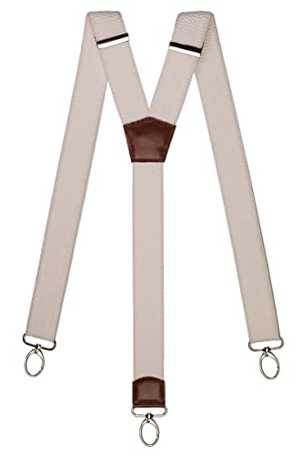 Olata Extra Breite Herren Hosenträger Y-Form mit Braun Leder und Karabinerhaken – 4 cm. Weiß von Olata