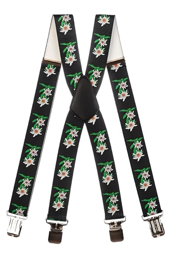 Olata Heavy Duty Herren/Damen-Hosenträger X-Form mit Edelweiß Muster – 2,5 cm. Schwarz von Olata