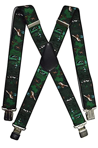 Olata Heavy Duty Herren-Hosenträger X-Form mit Jagdmotiv und gravierten Hosenträger-Clips – 4 cm. Entenjagd Saison von Olata