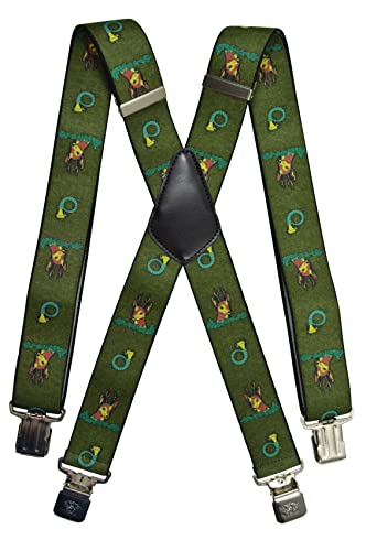 Olata Heavy Duty Herren-Hosenträger X-Form mit Jagdmotiv und gravierten Hosenträger-Clips – 4 cm. Jagdhorn von Olata