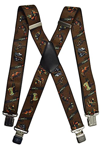 Olata Heavy Duty Herren-Hosenträger X-Form mit Jagdmotiv und gravierten Hosenträger-Clips – 4 cm. Jagdsaison von Olata