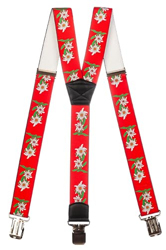 Olata Heavy Duty Herren-Hosenträger Y-Form mit Edelweiß Muster – 4 cm. Rot von Olata
