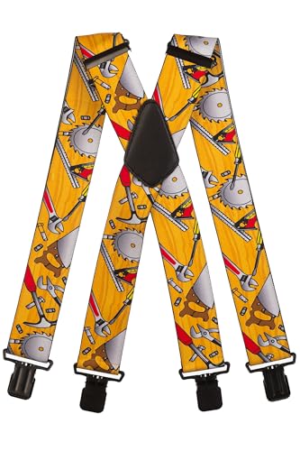 Olata Hosenträger mit Werkzeug-Muster – Robuste, Verstellbare X- und Y-Form, 5 cm Breit, Ideal für Arbeit und Alltag. Gelb, X-Form (Schwarz Clips) - 5 cm von Olata