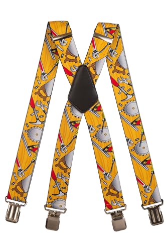 Olata Hosenträger mit Werkzeug-Muster – Robuste, Verstellbare X- und Y-Form, 5 cm Breit, Ideal für Arbeit und Alltag. Gelb, X-Form - 5 cm von Olata