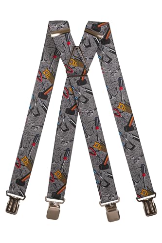 Olata Hosenträger mit Werkzeug-Muster – Robuste, Verstellbare X- und Y-Form, 4 cm Breit, Ideal für Arbeit und Alltag. Grau, X-Form (Kreuzstück Verstellbar) - 4 cm von Olata