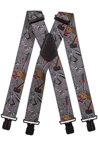Olata Hosenträger mit Werkzeug-Muster – Robuste, Verstellbare X- und Y-Form, 5 cm Breit, Ideal für Arbeit und Alltag. Grau, X-Form (Schwarz Clips) - 5 cm von Olata