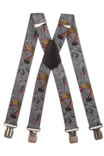 Olata Hosenträger mit Werkzeug-Muster – Robuste, Verstellbare X- und Y-Form, 5 cm Breit, Ideal für Arbeit und Alltag. Grau, X-Form - 5 cm von Olata