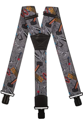 Olata Hosenträger mit Werkzeug-Muster – Robuste, Verstellbare X- und Y-Form, 5 cm Breit, Ideal für Arbeit und Alltag. Grau, Y-Form (Schwarz Clips) - 5 cm von Olata