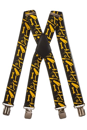 Olata Hosenträger mit Werkzeug-Muster – Robuste, Verstellbare X- und Y-Form, 4 cm Breit, Ideal für Arbeit und Alltag. Schwarz, X-Form - 4 cm von Olata