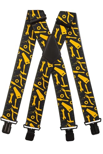 Olata Hosenträger mit Werkzeug-Muster – Robuste, Verstellbare X- und Y-Form, 5 cm Breit, Ideal für Arbeit und Alltag. Schwarz, X-Form (Schwarz Clips) - 5 cm von Olata