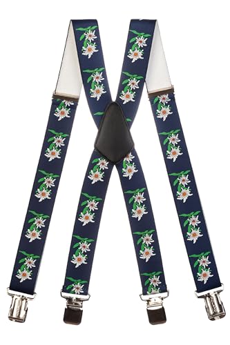Olata Heavy Duty Herren-Hosenträger X-Form mit Edelweiß Muster – 4 cm. Dunkelblau Olata Heavy Duty Herren-Hosenträger X-Form mit Edelweiß Muster – 4 cm. Dunkelblau von Olata