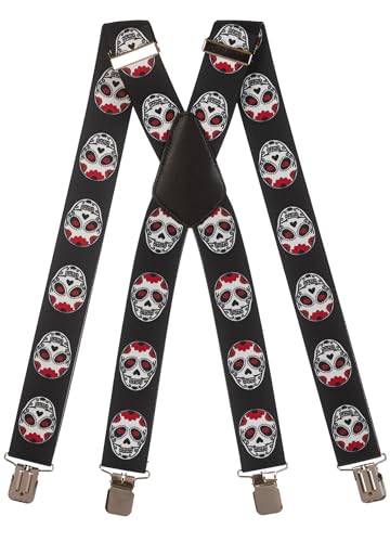 Olata Hosenträger extra starken mit 4 Clips X-Form, Gedruckt Design - 4cm. Schädel (+ Rot) von Olata