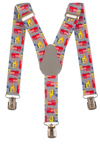 Olata Kinder Hosenträger mit Feuerwehrauto-Design | Elastische Y-Hosenträger (1-5 Jahre) – 2,5 cm. Grau von Olata