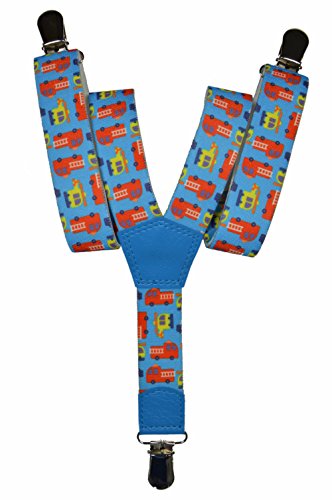 Olata Kinder Hosenträger mit Feuerwehrauto-Design | Elastische Y-Hosenträger (1-5 Jahre) – 2,5 cm. Türkis von Olata