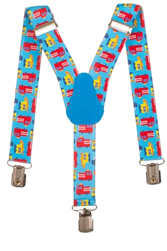 Olata Kinder Hosenträger mit Feuerwehrauto-Design | Elastische Y-Hosenträger (1-5 Jahre) – 2,5 cm. Türkis von Olata
