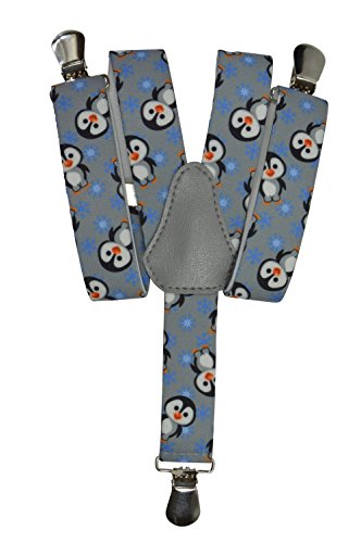 Olata Kinder Hosenträger mit Pinguin-Design | Elastische Y-Hosenträger (1-5 Jahre) – 2,5 cm. Grau von Olata
