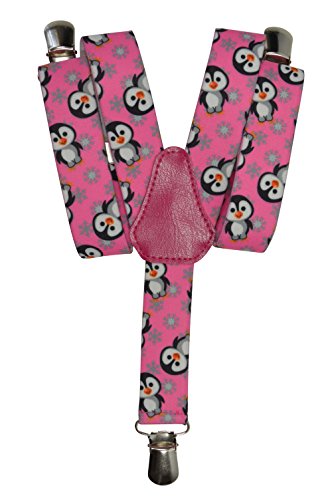 Olata Kinder Hosenträger mit Pinguin-Design | Elastische Y-Hosenträger (1-5 Jahre) – 2,5 cm. Rosa von Olata