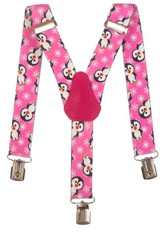 Olata Kinder Hosenträger mit Pinguin-Design | Elastische Y-Hosenträger (1-5 Jahre) – 2,5 cm. Rosa von Olata