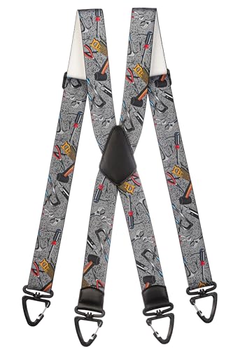 Olata Robuste X-Hosenträger mit Werkzeug-Muster und Kunststoff-Karabinerhaken – 4 cm. Grau von Olata