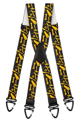 Olata Robuste X-Hosenträger mit Werkzeug-Muster und Kunststoff-Karabinerhaken – 4 cm. Schwarz von Olata