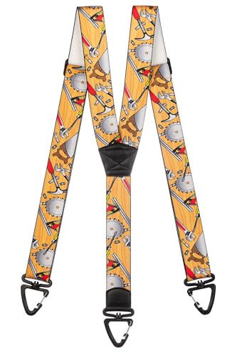 Olata Robuste Y-Hosenträger mit Werkzeug-Muster und Kunststoff-Karabinerhaken – 4 cm. Gelb von Olata