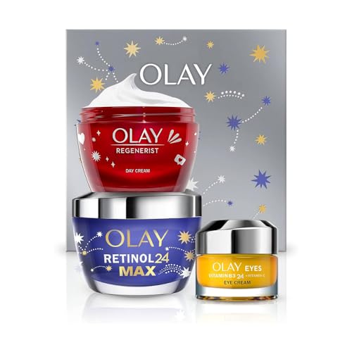 Olay Feuchtigkeitspflege-Hautpflege-Geschenkbox, Damen-Hautpflege-Geschenksets, Vitamin C + AHA 24 Augencreme 15 ml, Retinol 24 MAX Nachtcreme 50 ml & Regeneristen-Gesichtscreme 50 ml für glatte und leuchtende Haut von Olay