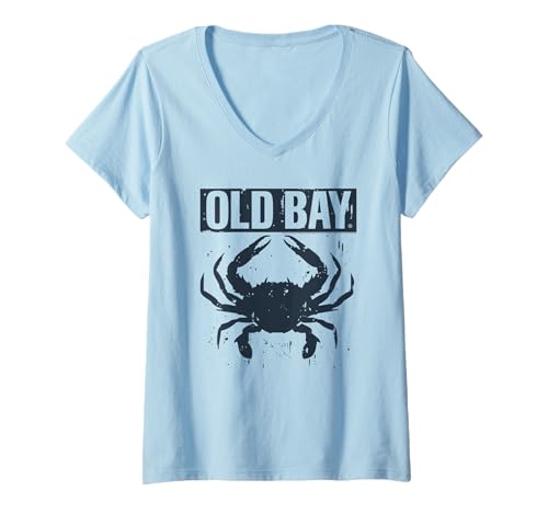 Damen Old Bay Modern Crab and Logo Seafood Seasoning Foodie T-Shirt mit V-Ausschnitt Damen Old Bay Modern Crab and Logo Seafood Seasoning Foodie T-Shirt mit V-Ausschnitt von Old Bay