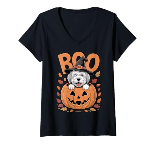 Damen OES Kostüm auf Kürbis Halloween Old English Sheepdog T-Shirt mit V-Ausschnitt von Old English Sheepdog Halloween kids, women, men