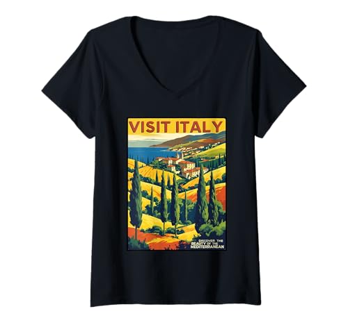 Damen Vintage Tourist Poster Italien 1940er Jahre Stil Retro Italienische Frauen T-Shirt mit V-Ausschnitt von Old Fashioned European Souvenirs Keepsakes Girls