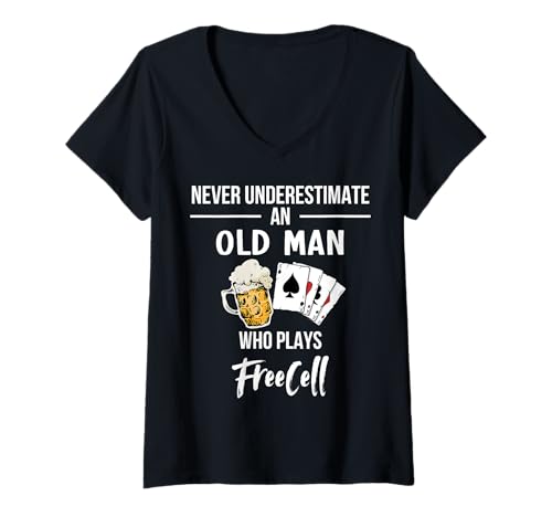Damen Unterschätze niemals einen alten Mann, der FreeCell spielt T-Shirt mit V-Ausschnitt Damen Unterschätze niemals einen alten Mann, der FreeCell spielt T-Shirt mit V-Ausschnitt von Old Man Card Club