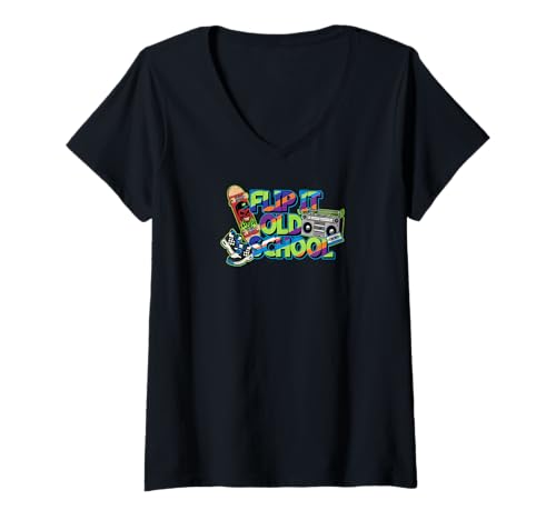 Damen Flip It Old School Retro 80s 90s Skateboard Boombox T-Shirt mit V-Ausschnitt Damen Flip It Old School Retro 80s 90s Skateboard Boombox T-Shirt mit V-Ausschnitt von Old School Retro Streetwear Apparel