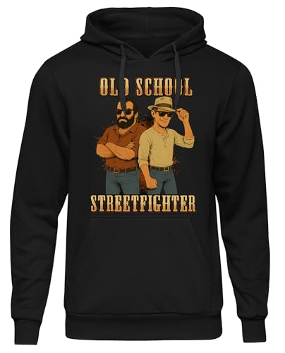 Old School Streetfighter Kapuzenpullover | Retro Männer Pullover mit Comic-Duo Mücke & Cowboy – 80er Kultmotiv – Lustiger Vintage Prügel Hoodie | M7 Schwarz Front (XL) von Old School Streetfighter