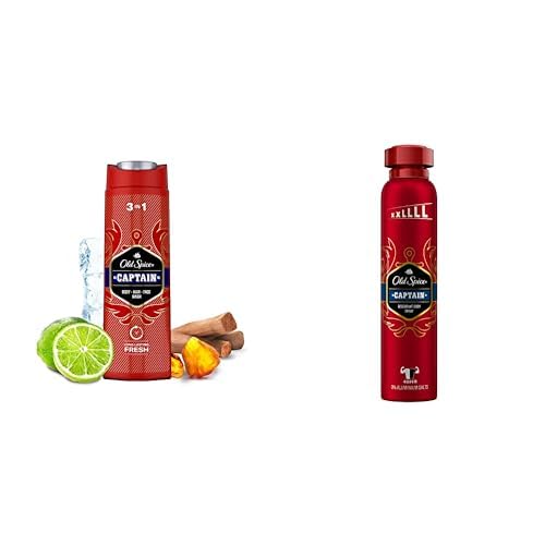 Old Spice Captain Set mit Deodorant Körperspray für Männer (250 ml) und 3-in-1 Duschgel & Shampoo Herren (250 ml), 48 h Frische, 0% Aluminiumsalze, keine weißen Rückstände und gelben Flecken von Old Spice