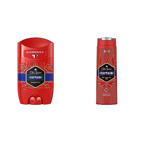 Old Spice Captain Deo Stick für Herren 50 ml, 48 h Frische, 0% Aluminiumsalze, keine weißen Rückstände und gelben Flecken & 3in1 Duschgel Captain von Old Spice