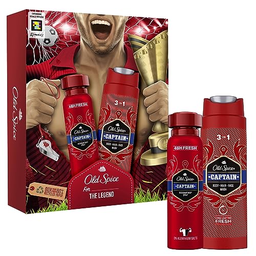 Old Spice Fußball Kulturbeutel Geschenkset für Männer mit Captain Deodorant Body Spray 150ml & Duschgel 250ml von Old Spice