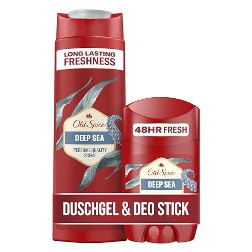Old Spice Deep Sea Set mit Deo Stick für Männer (50 ml) und 3-in-1 Duschgel & Shampoo Herren (250 ml), 48 h Frische, 0% Aluminiumsalze, keine weißen Rückstände und gelben Flecken von Old Spice