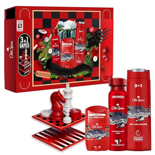 Old Spice Spielebox Geschenkset für Männer mit Night Panther Deo Stick 50ml, Deodorant Body Spray 150ml, Duschgel 250ml & 3 Brettspielen von Old Spice