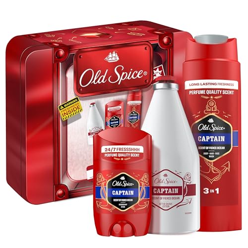 Old Spice Tin Box Geschenkset mit Captain Deostick, Duschgel und Aftershave-Lotion, langanhaltender Duft in Parfumqualität von Old Spice