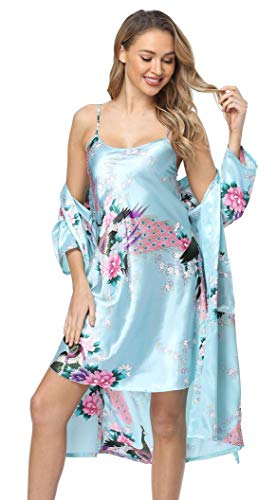 Old-Times Damen 2 Stück Satin Sexy Dessous Nachthemd Blumen Robe und Pyjama Set Seide Nachtwäsche S-XXXL, Hell, blau, XXX-Large von Old-Times