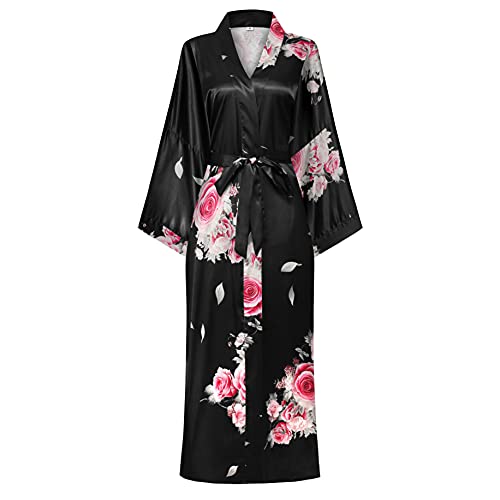 Old-to-new Damen Floral Nachtwäsche Lange Morgenmantel Kimono Satin Bademantel Leichte Roben Weiches Nachthemd Seidiges Geschenk, Schwarz3, Einheitsgröße von Old-to-new