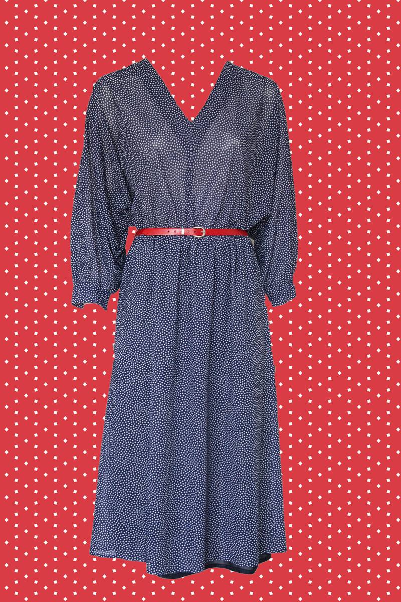 Handgemachte Womans Blau Polka Dot Midi Kleid | Langarm Medium V Hals 80Er Jahre von OldButGoldVntg