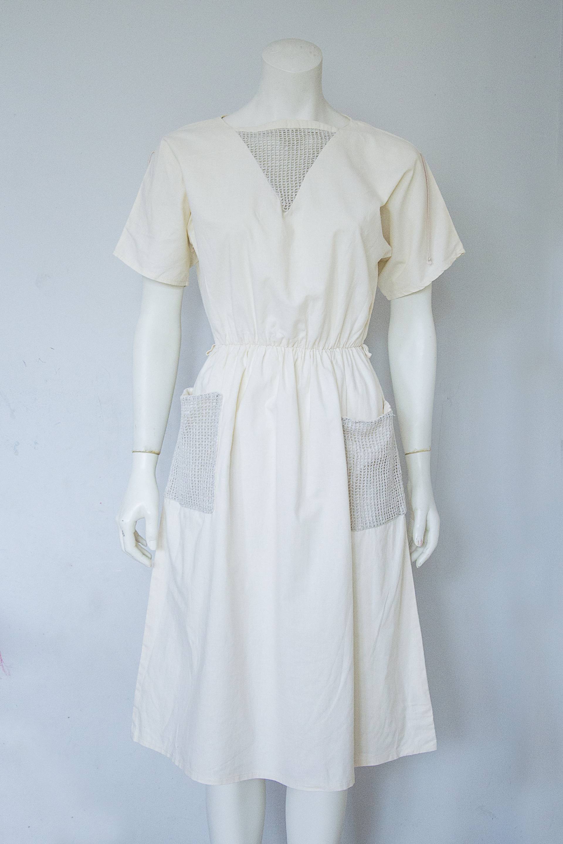 Midi Baumwolle Ecru Kleid Mit Netztaschen Und Ausschnitt Made in Britain von OldButGoldVntg