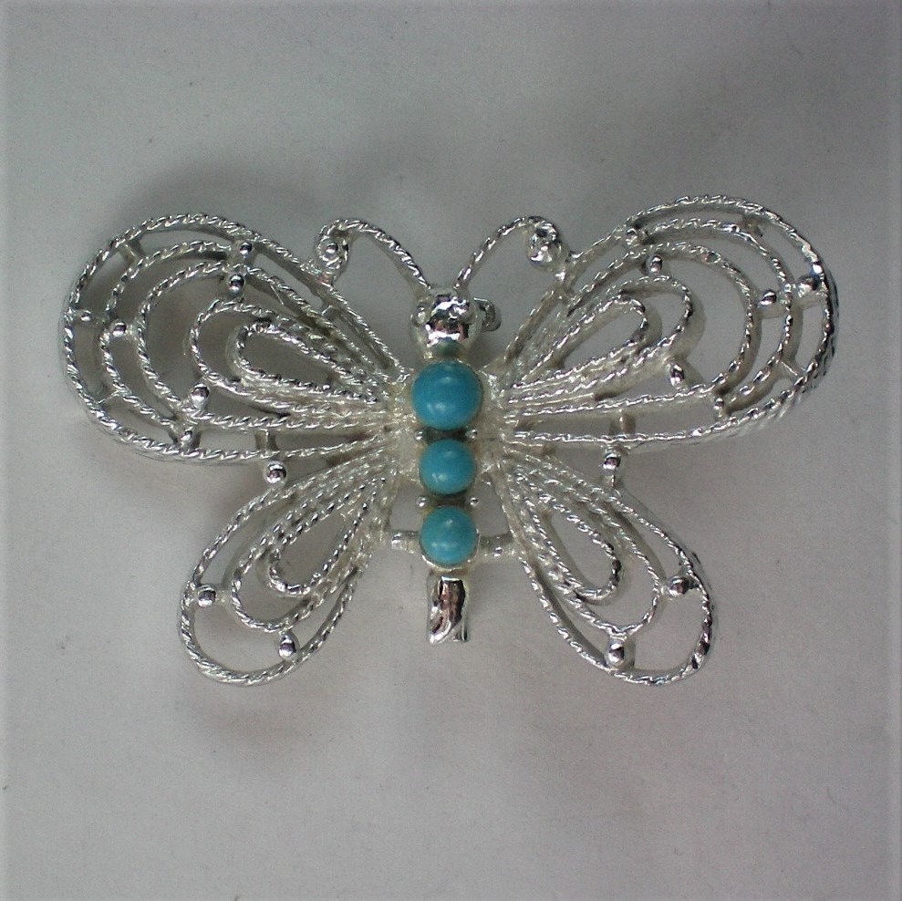 Gerry Silber Ton Faux Türkis Schmetterling Pin - 6038 von OldCastleTreasures
