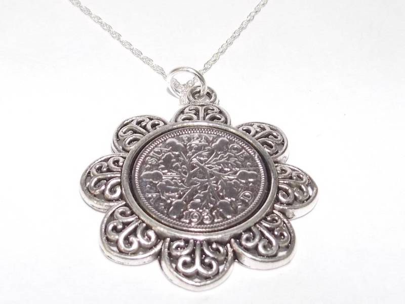 1931 94.geburtstag Geschenk Sixpence Blumen Anhänger Sterling Silber Kette von OldCoinCufflinks