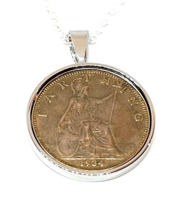 1934 Farthing Münze Anhänger 91. Geburtstag Geschenk, Versilberte Fassung von OldCoinCufflinks