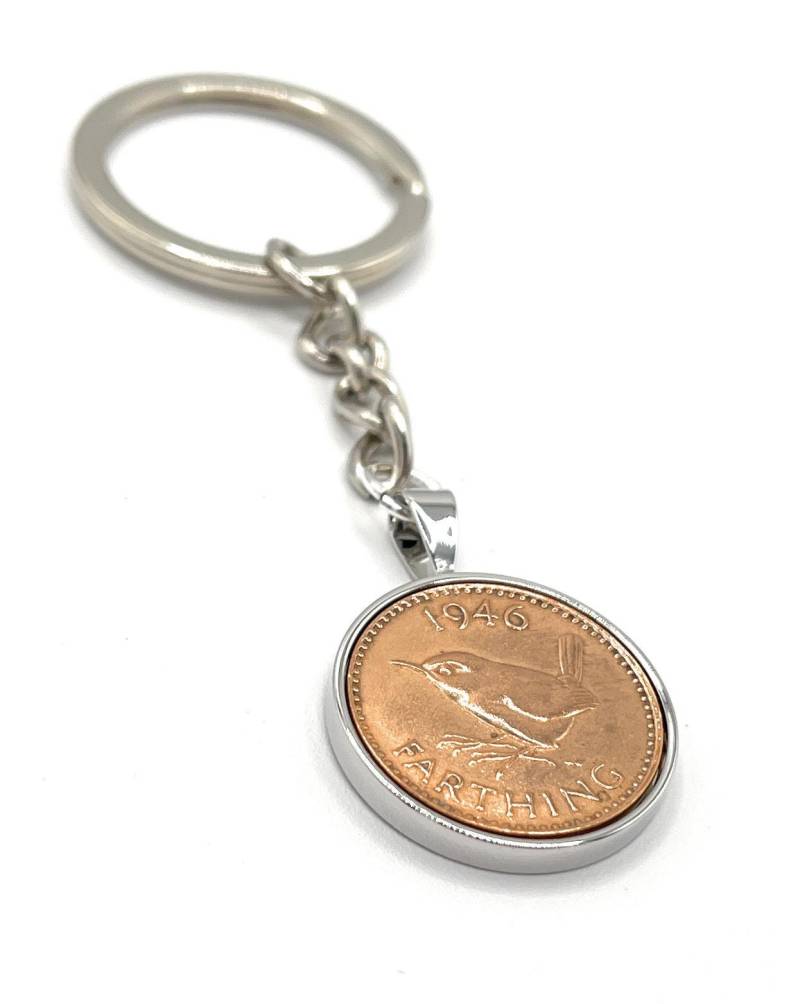 1946 Farthing Keyring 79. Geburtstagsgeschenk, Silber, Gold Oder Rosegold Überzogene Befestigungen von OldCoinCufflinks