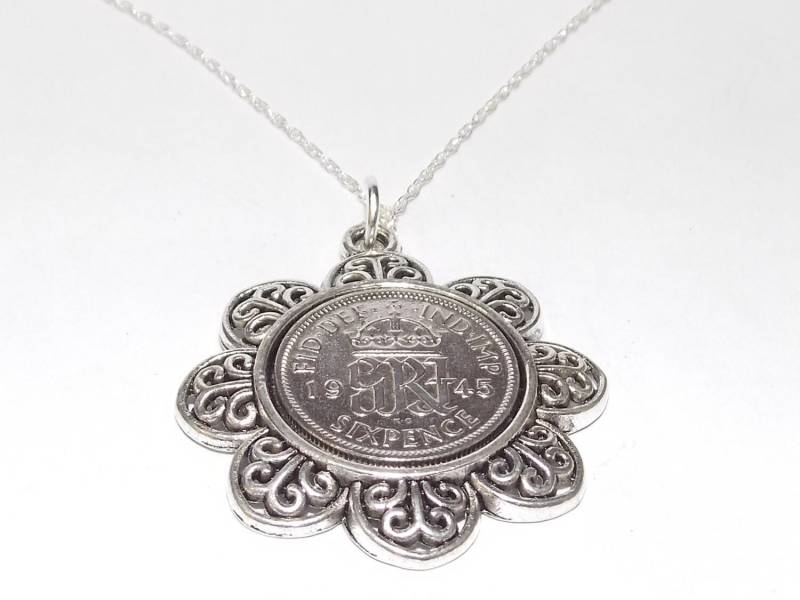 1946 Sixpence Blumenanhänger 79.geburtstag Geschenk, Sterling Silber Kette von OldCoinCufflinks