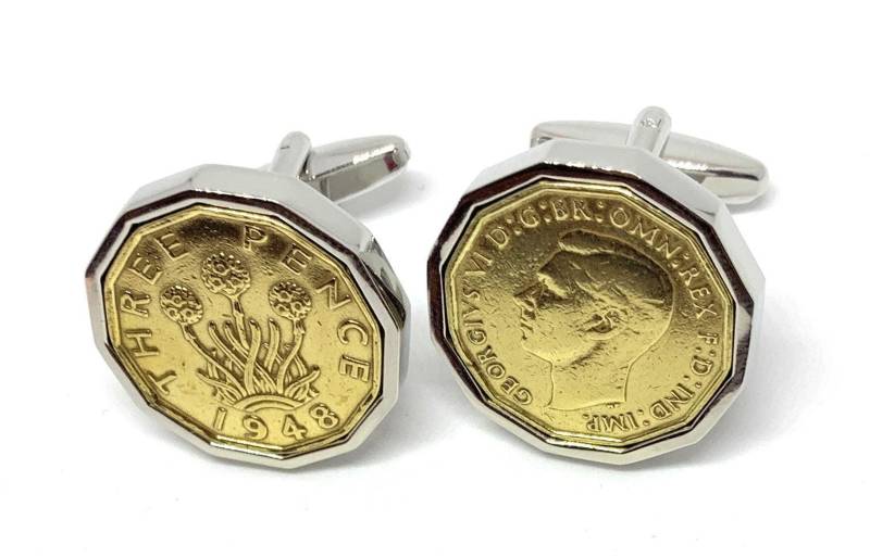 1948 Dreipence Münze Manschettenknöpfe 77.geburtstag Geschenk Silber Oder Vergoldete Halterungen von OldCoinCufflinks