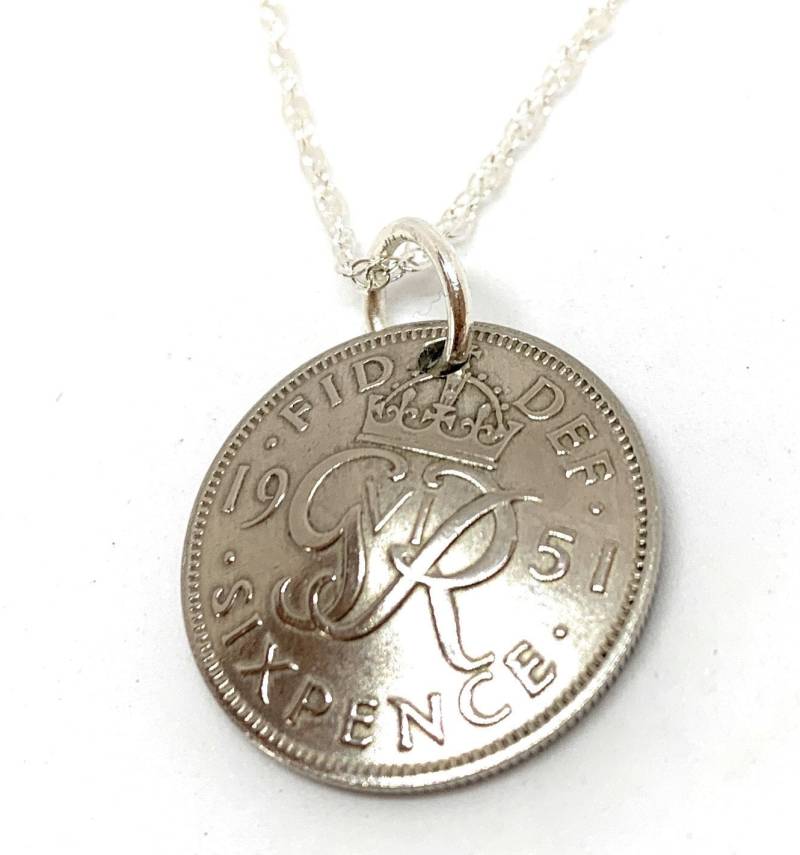 1951 74.geburtstag Geschenk Sixpence Anhänger Sterling Silber Kette von OldCoinCufflinks