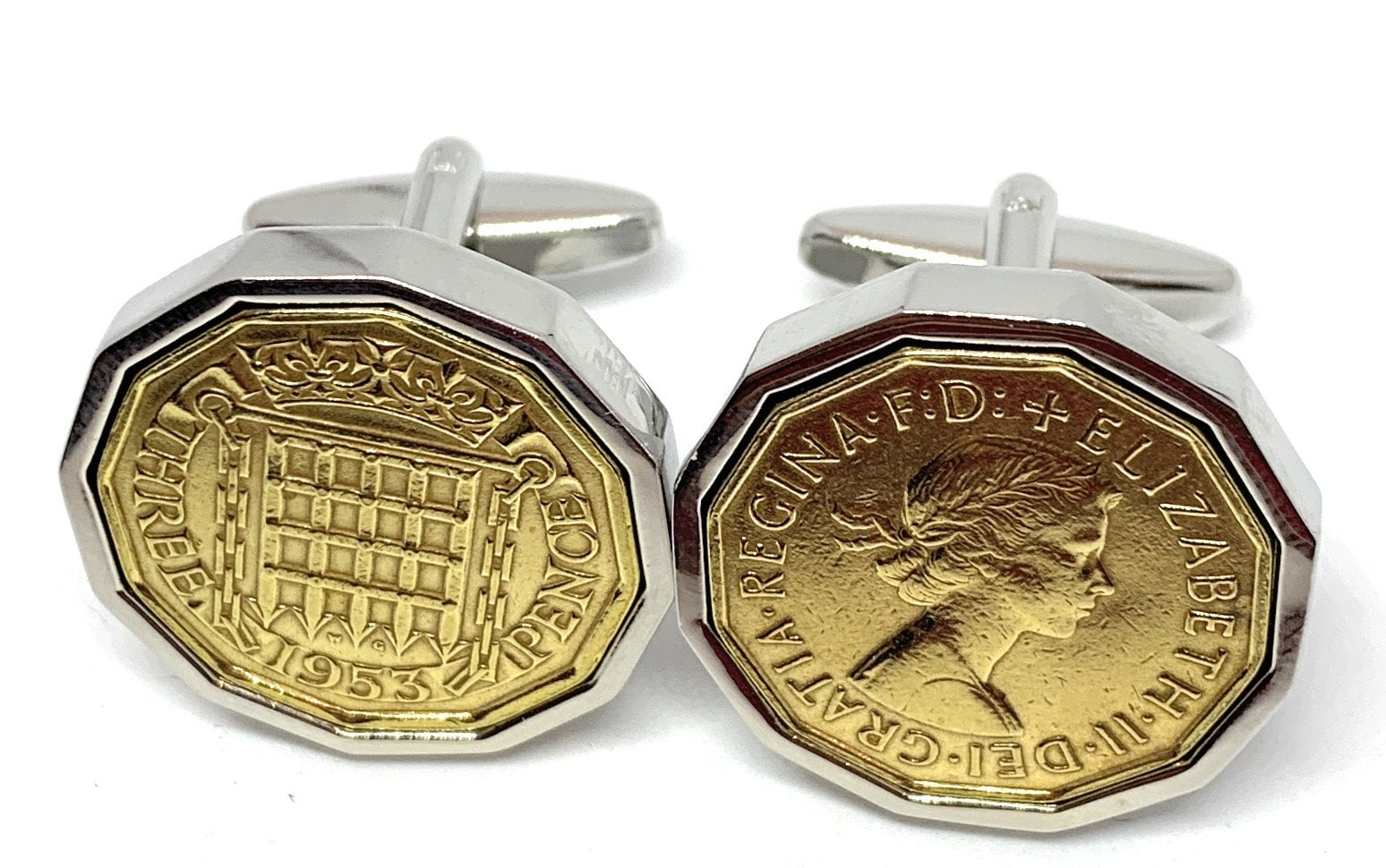 1953 Dreipence Münze Manschettenknöpfe 72.geburtstag Geschenk Versilberte Fassungen von OldCoinCufflinks